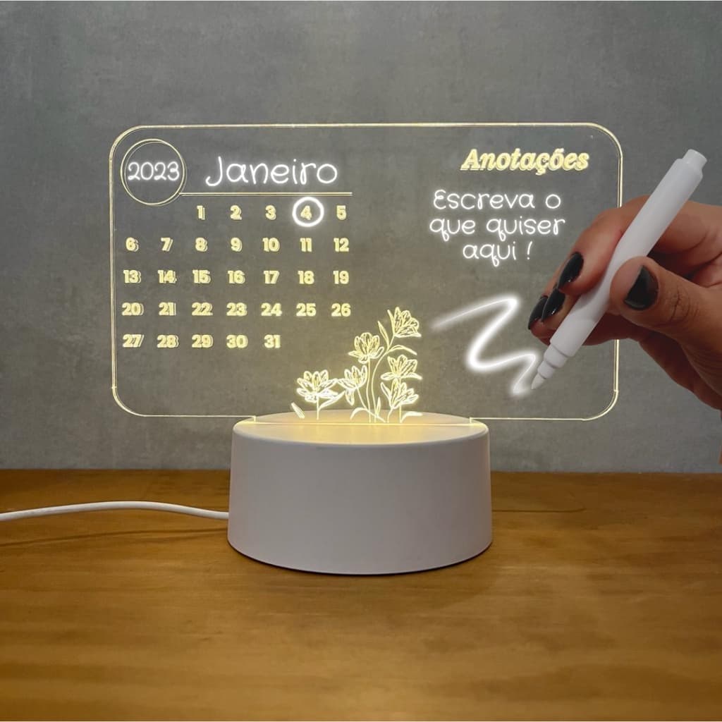 luminária 3D calendário de escrever, tipo lousa, acrílico + caneta