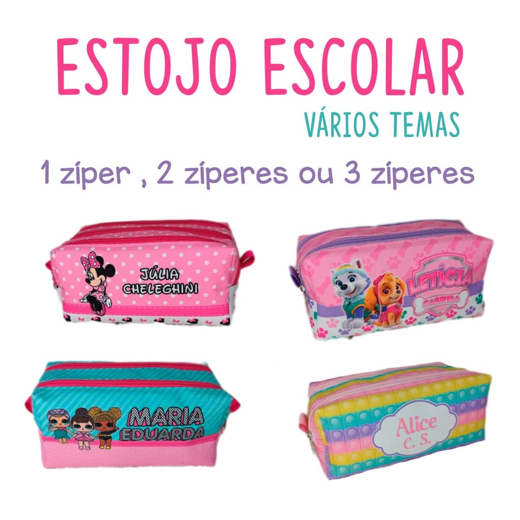 Estojo escolar personalizado com nome, vários temas, bolsinha escolar menina