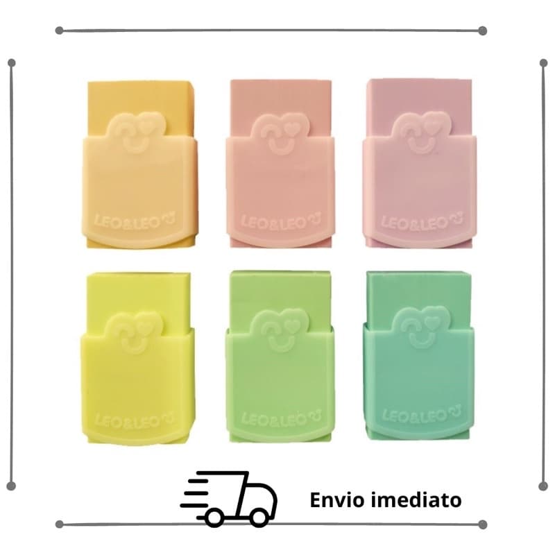 BORRACHA com capa em tom pastel - Leo e Leo material escolar fofo kawai kawaii rosa lilás laranja verde azul e amarela