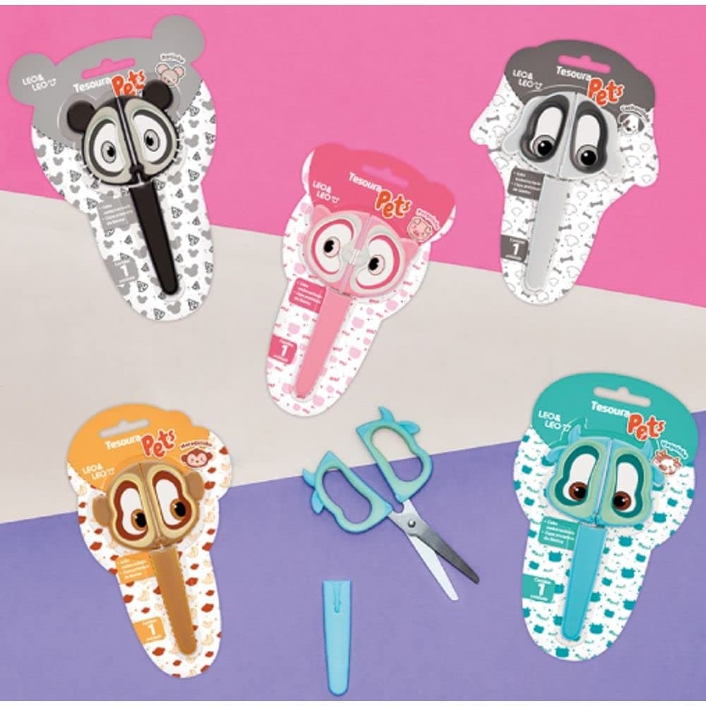 Tesoura escolar infantil Pets bichinhos - 1 unidade sortida Leo & Leo