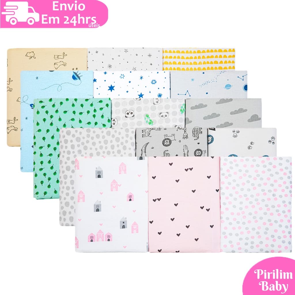Kit 3 Cueiros Estampados e Flanelados Bebê 50cm x 80cm 100% Algodão Compose Enxoval