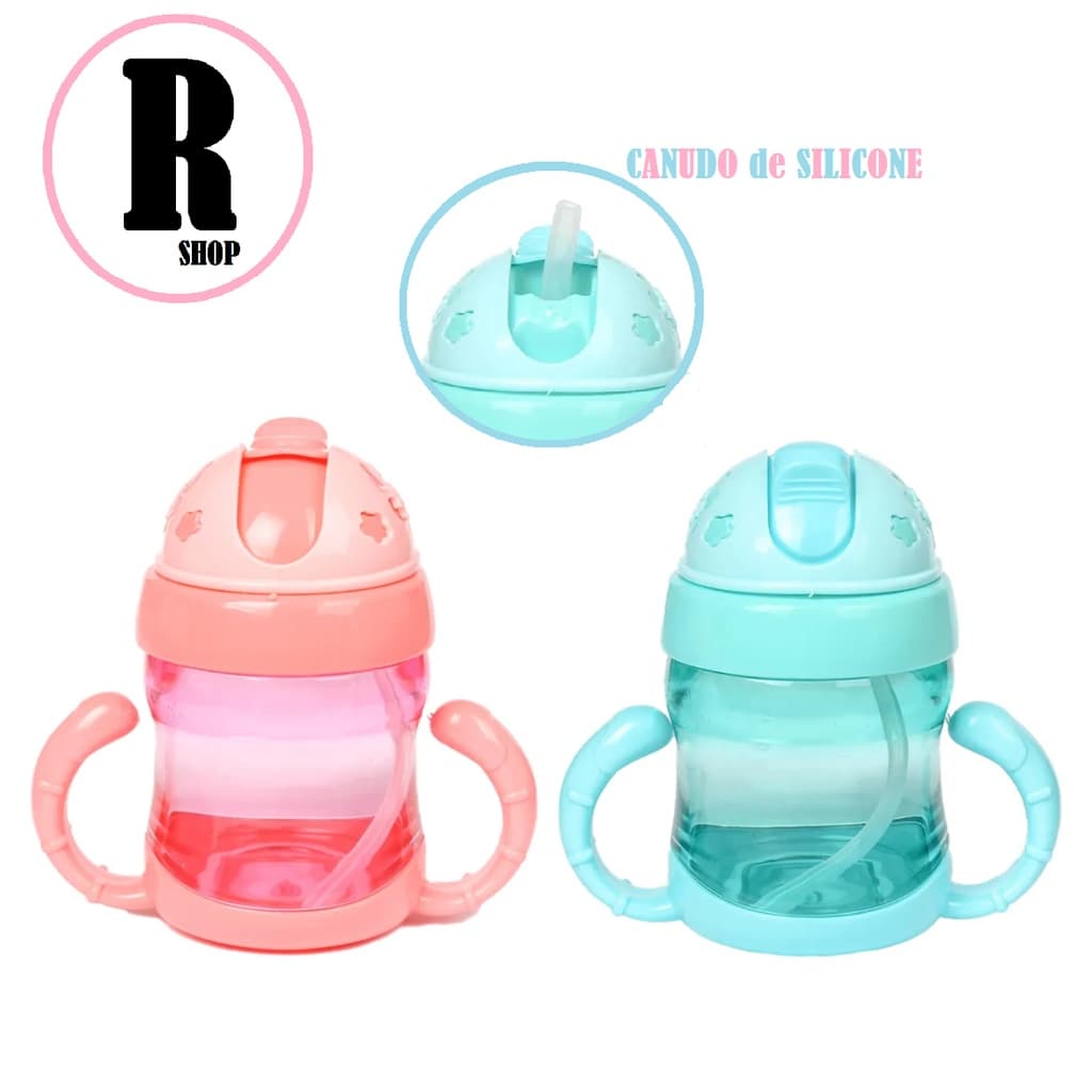Garrafa Copo Baby Treinamento Com Tampa E Canudo Silicone + Alca De Plastico