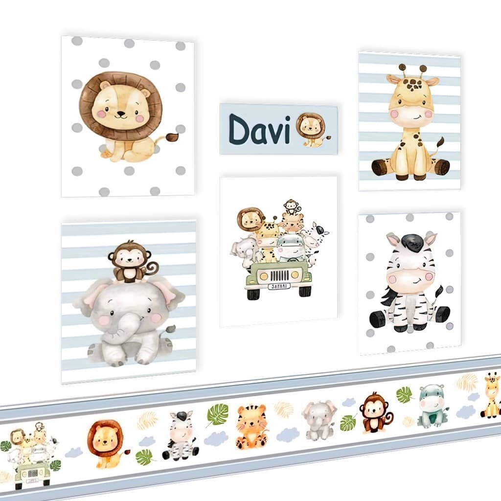 Quadros Decorativos Safari Zoo Menino Infantil + 1 Faixa  Personalizado Para Quarto Bebê