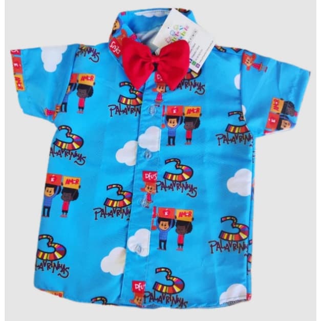 Camisa 3 Palavrinhas Desenho Infantil Para meninos Aniversário Roupa Infantil Blusa e Gravata