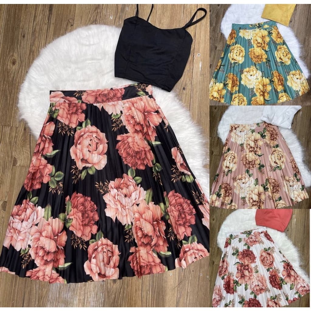Saia Plissada Midi - Estampas Floral - Cintura Alta - Moda Evangélica-00036