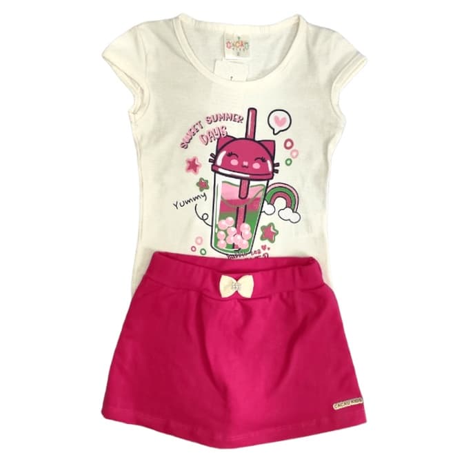Conjunto Infantil Menina Blusa com Estampa e Short Saia em Malha do 1 a 3 anos