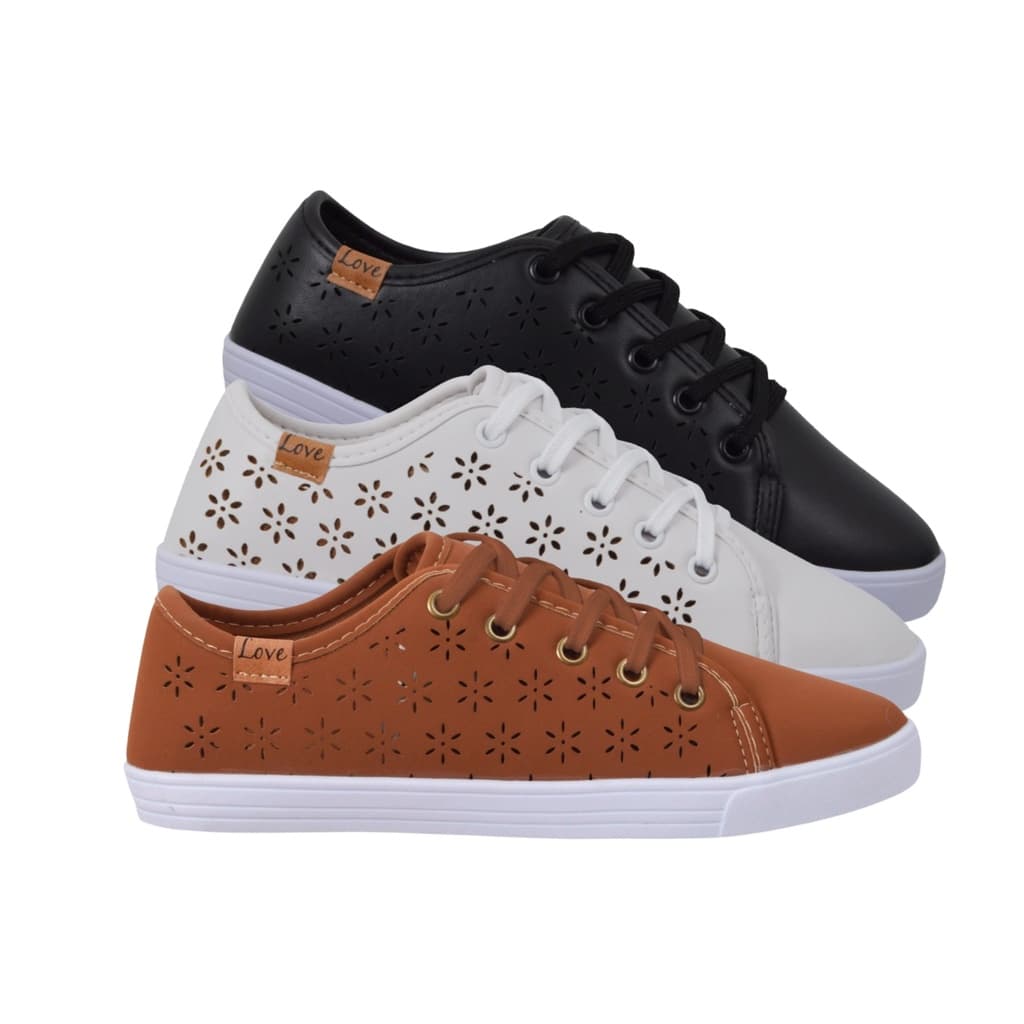 Kit 3 Pares Tênis Sapatênis Feminino Casual Detalhe Flor Básico Leila Soares