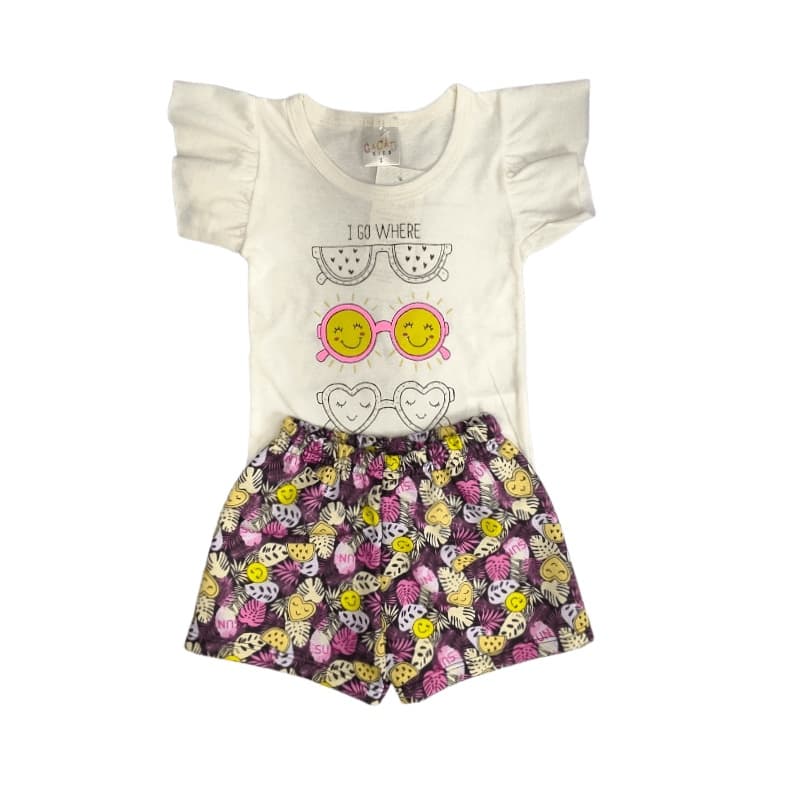 Conjunto Infantil Menina Blusa com Estampa e Short Saia em Malha do 1 ao 3 anos