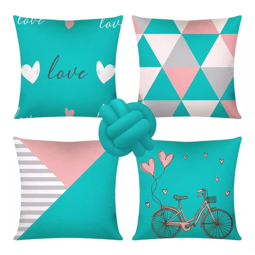 Kit C/ 4 Almofadas Cheias Decorativas + 1 Almofada De Nó Bicicleta Tiffany