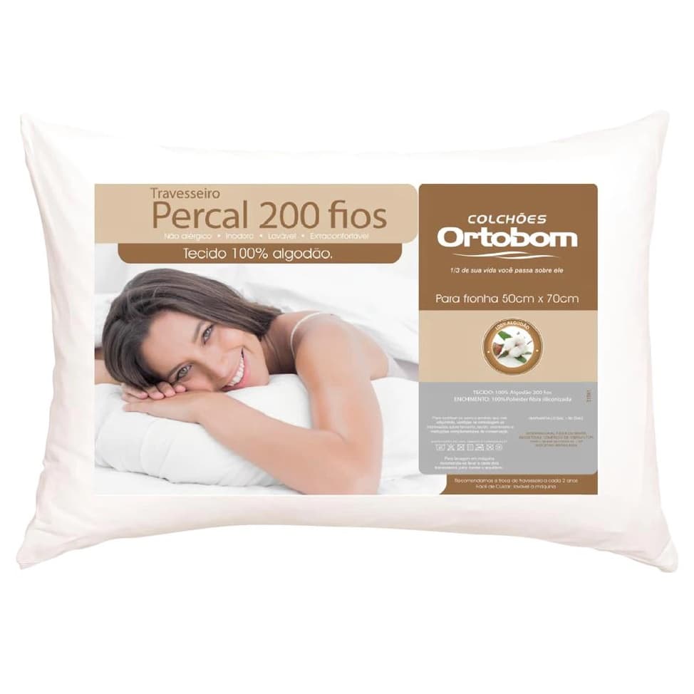Travesseiro Ortobom 200 Fios Kit Travesseiros 50x70cm Antialérgico Super Macio Perfil Alto