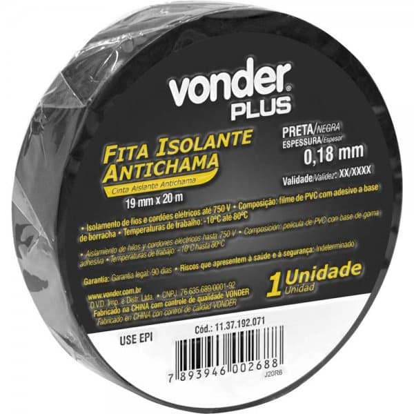 Fita Isolante Preta Antichama 19mm Vonder Classe A