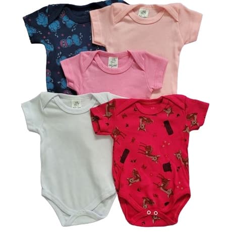 Kit 5 Bodys Manga Curta Liso e Estampado Bebê Menina Menino Unissex