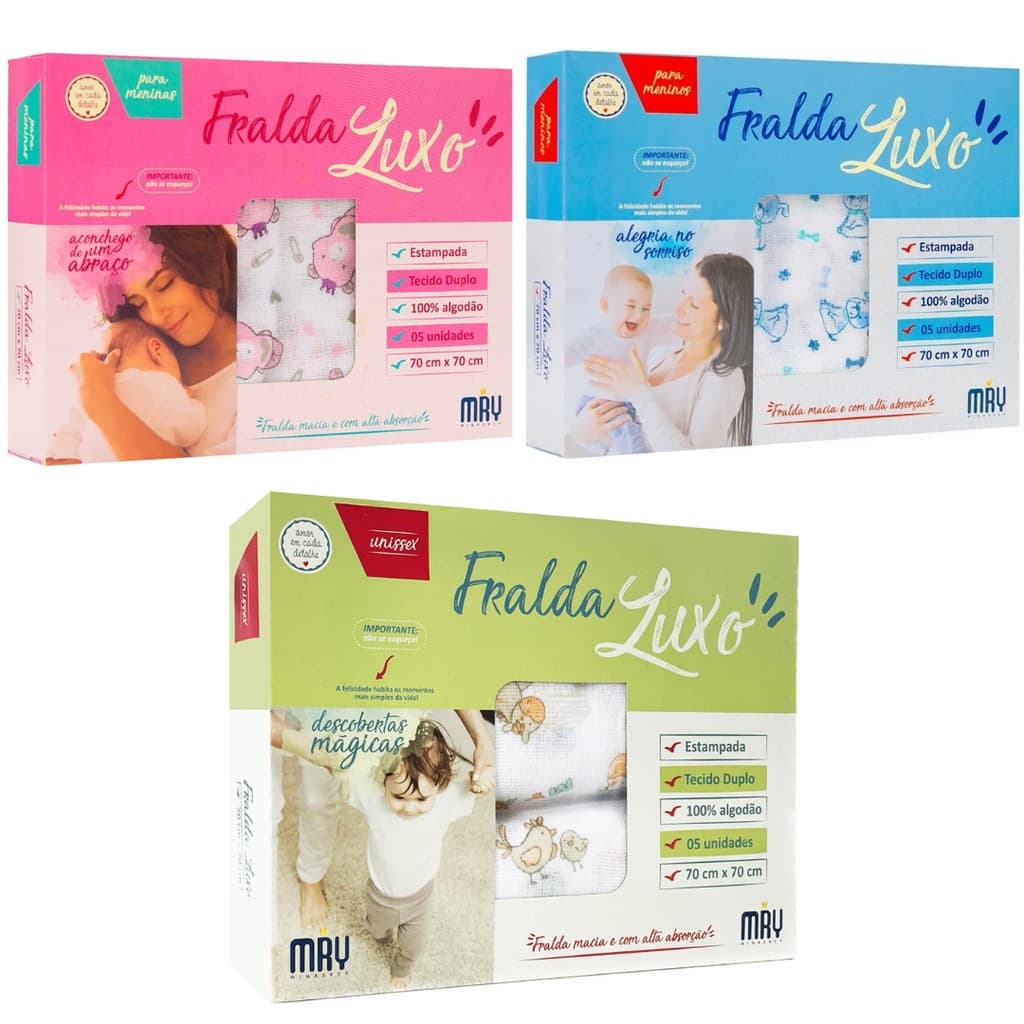 Fralda de Pano Bebê Luxo Caixa C/5 Peças Tecido Duplo 100% Algodão Estampada 70x70cm Minasrey