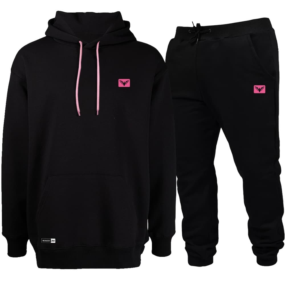 Conjunto com Blusa e Calça De Frio Moleton Capuz Bolso Cordão Neon Canguru Macio