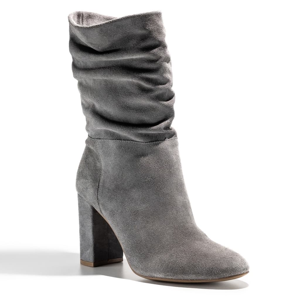 Bota Feminina Impermeável Cinza Cano Enrugado Curto Salto Grosso Couro