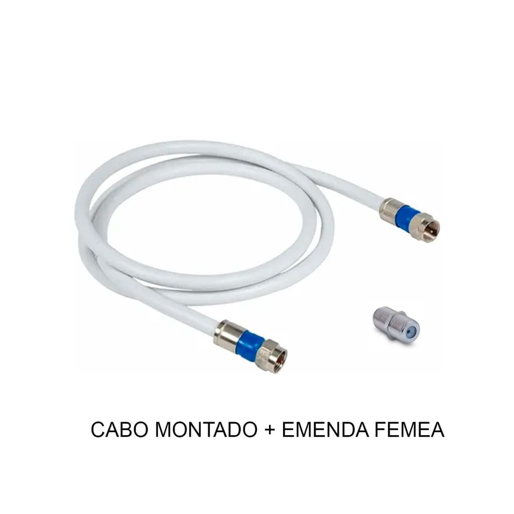 Cabo Coaxial Rg6 2 Metros Extensor macho + Emenda Femea 95% Malha para antena de tv