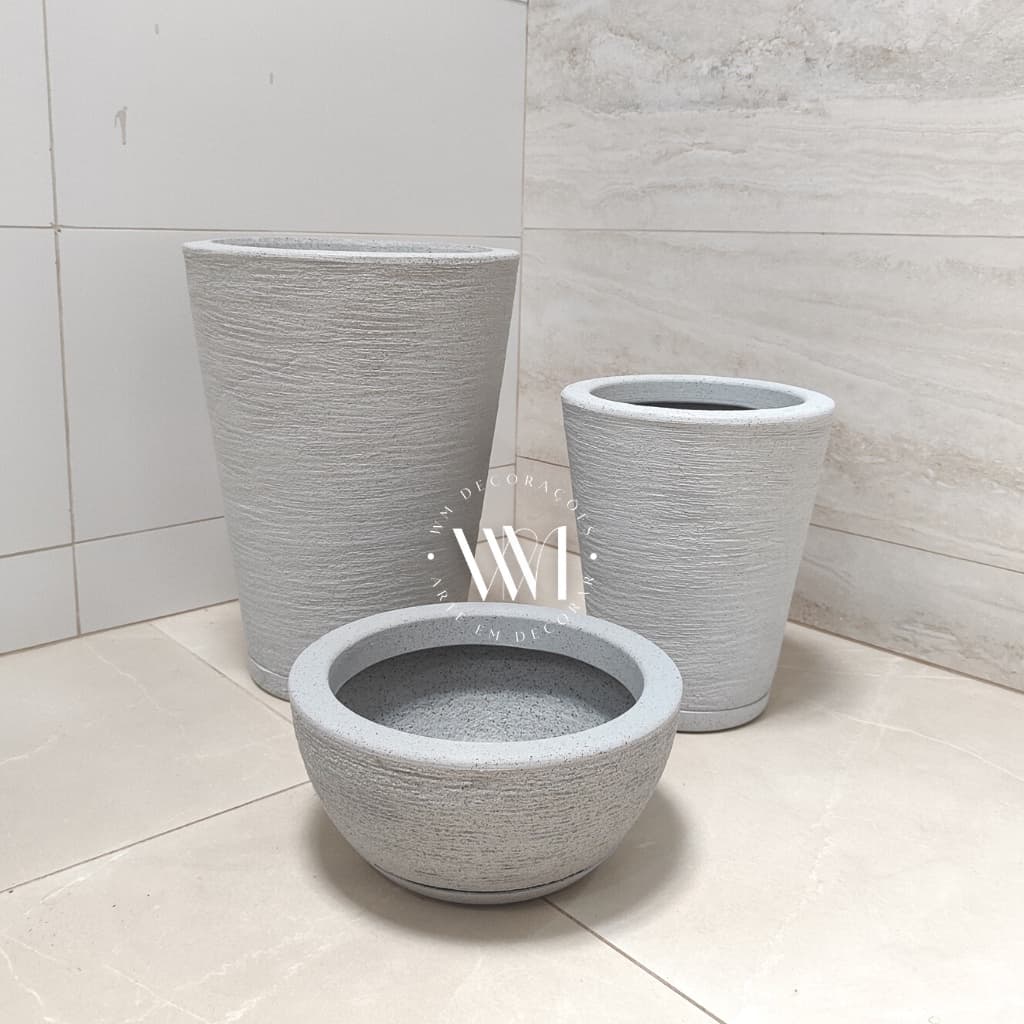 kit 2 Vasos Coluna Para Plantas + Bacia Decorativa Texturizados Vasos em Polietileno Jardim + pratos