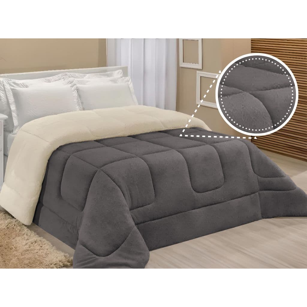 Coberdrom Casal Queen Sherpa Edredrom Pele de Carneiro Cinza 2,40m x 2,20m