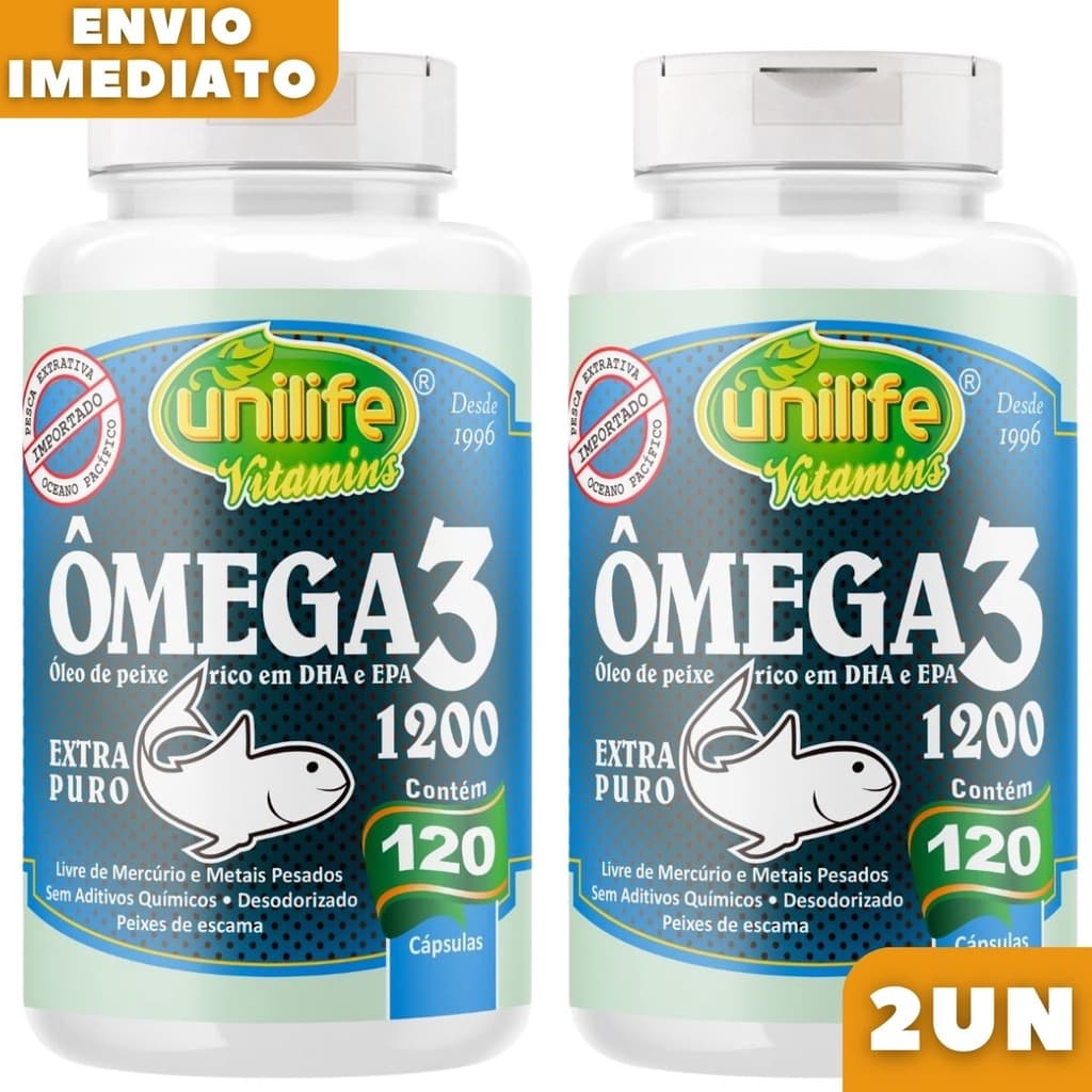 Kit 2 Ômega 3 Óleo de Peixe 100% Puro 120 Cápsulas 1200mg - Unilife