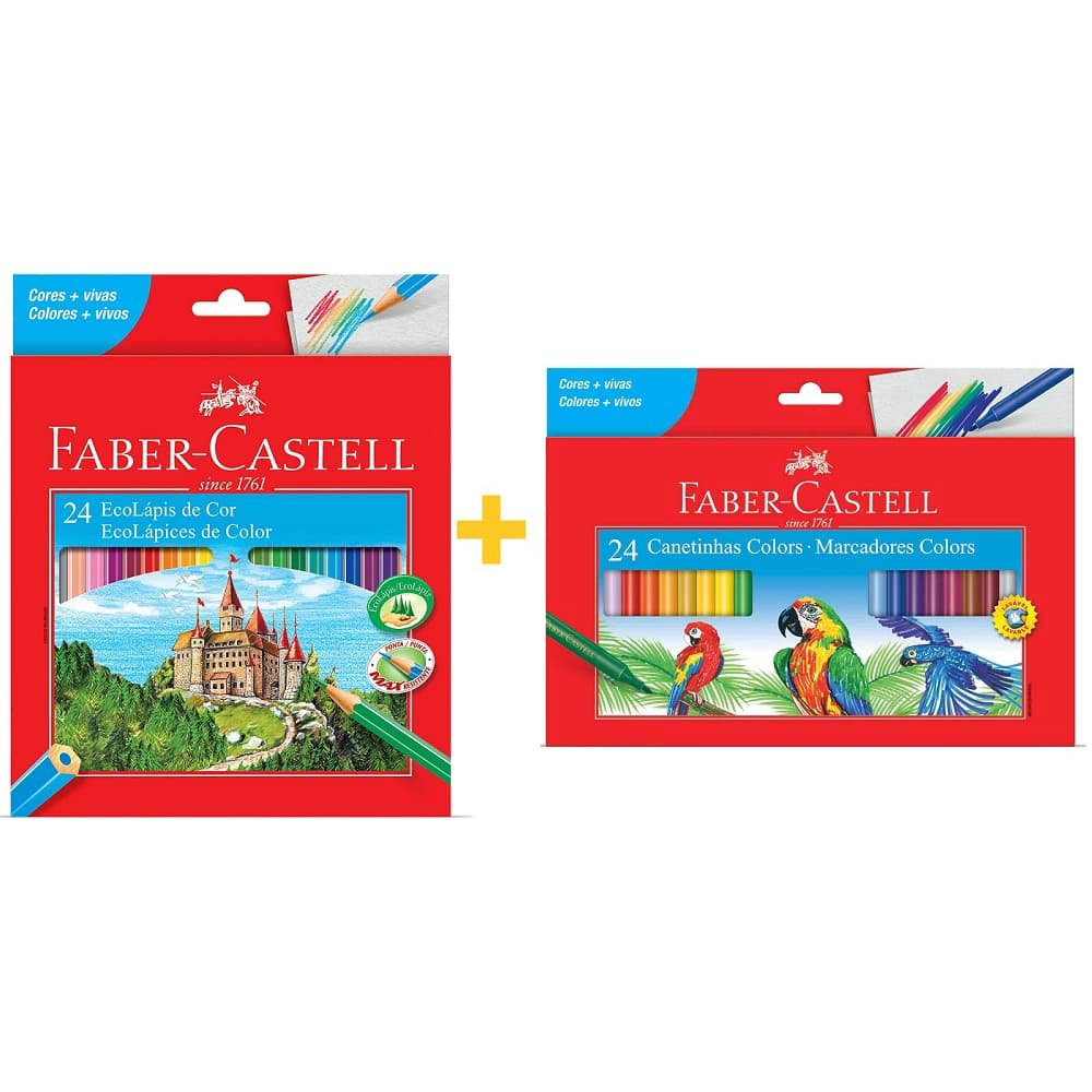 Kit Lápis De Cor Faber Castell 24 Cores com Canetinha Hidrográfica 24 Cores Faber Castell