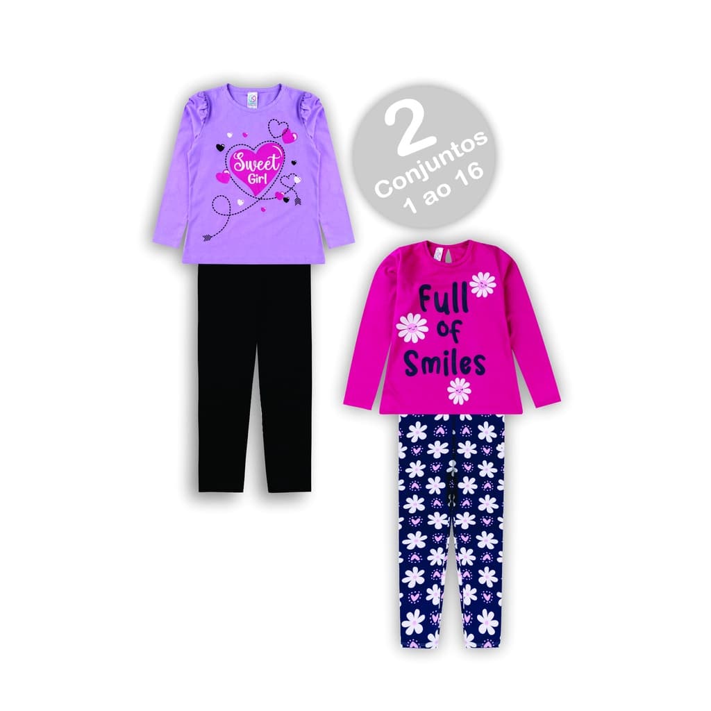 Kit com 2 Conjunto Infantil Juvenil Menina Inverno Cotom Meia Estação - 1 ao 16