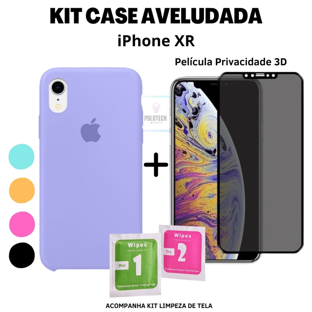 Kit Capinha IPhone XR 6.1 Premium Silicone Com Logo + Película Privacidade ou 3D + Kit Limpeza - Lançamento 2025