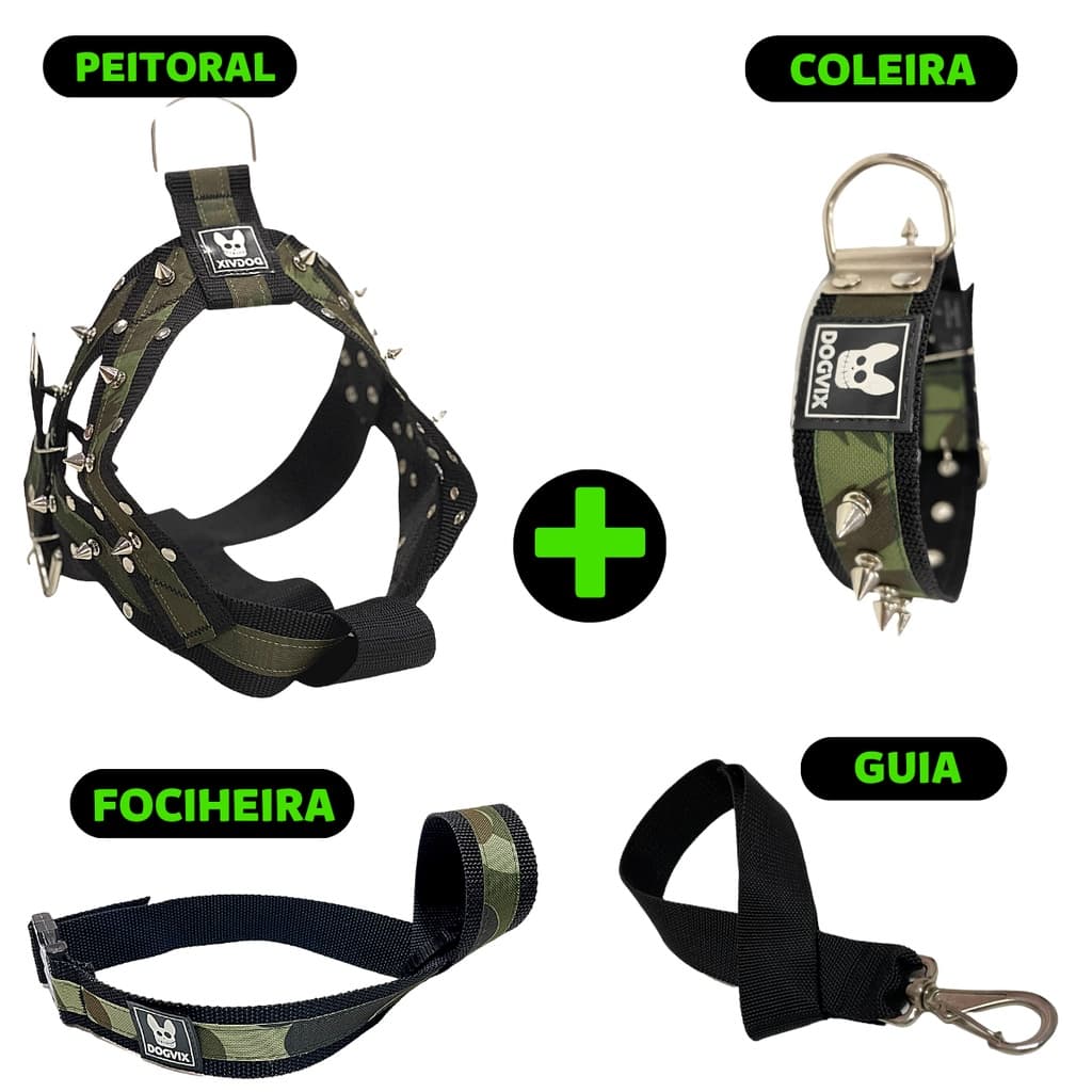 Kit Para Cachorro Coleira Peitoral Guia Focinheira Pitbull Monster Golden Rottweiler