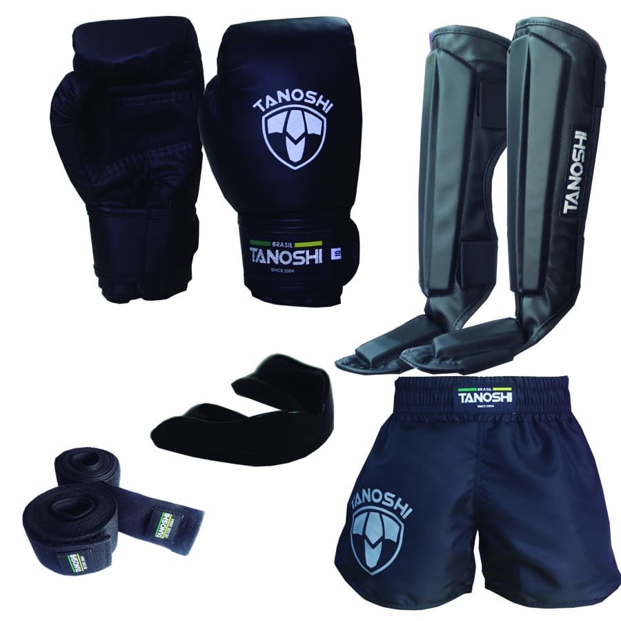 Kit luta black (preto) MuayThai, Sanda, Kickboxing  luva boxe, caneleira, shorts, bucal e bandagem