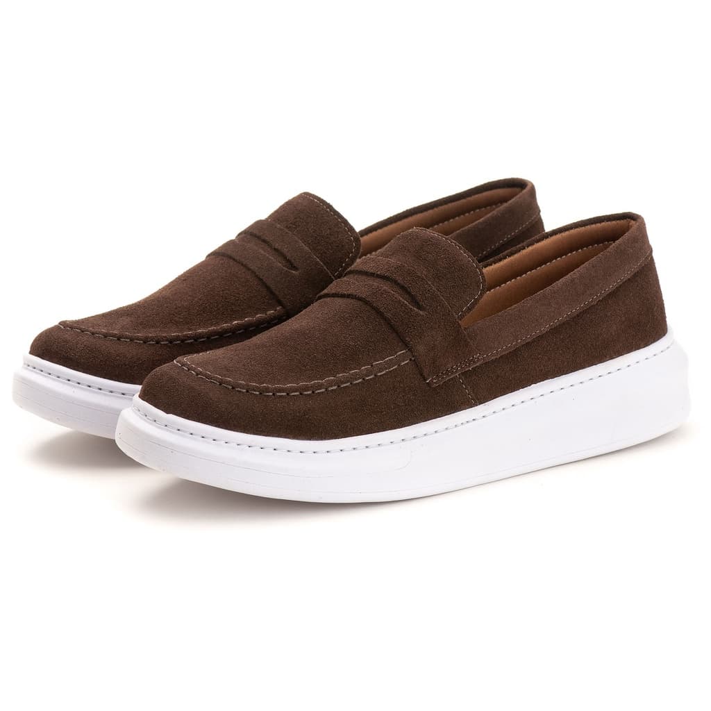Tenis Masculino Sapatenis Casual em Couro Legitimo Mocassim Cafe Slip On Sola Alta Promoção