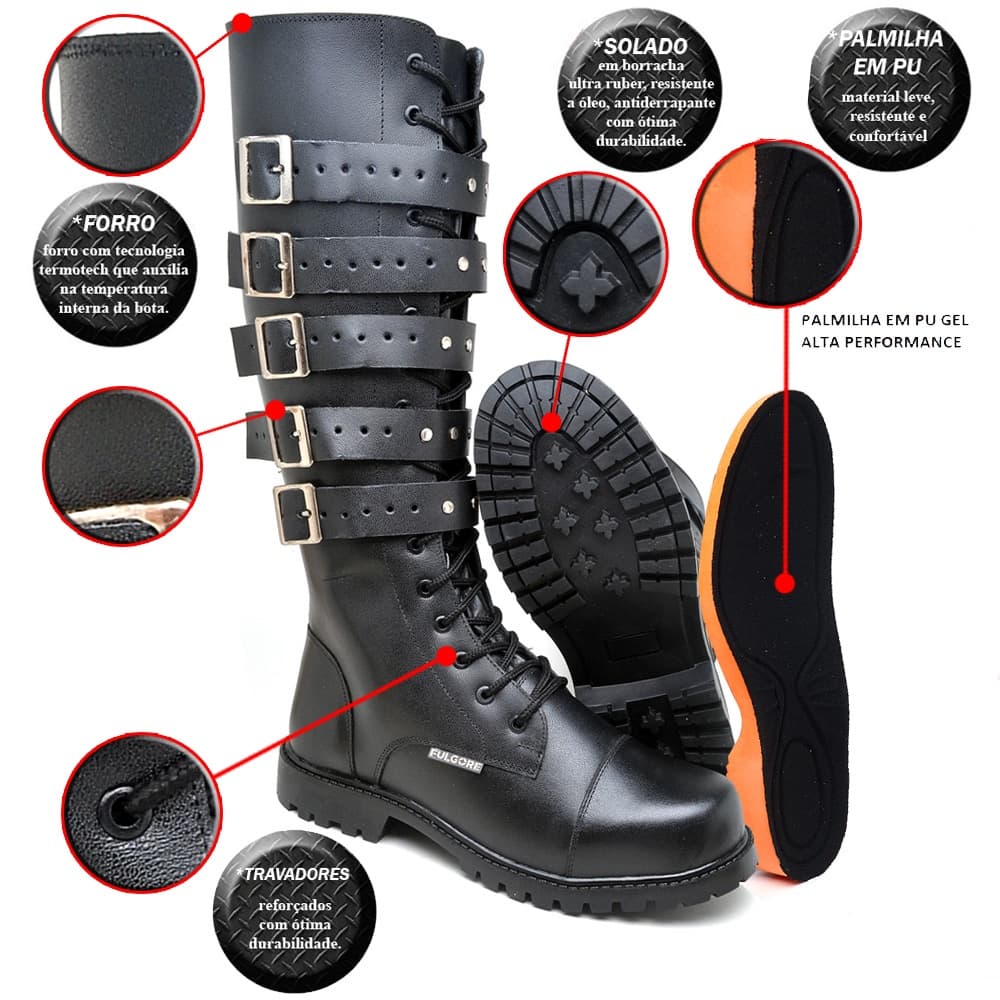 Coturno Bota Punk Rock Song Gótica Roqueiros Motociclistas Com Zíper Em Couro E Palmilha Gel