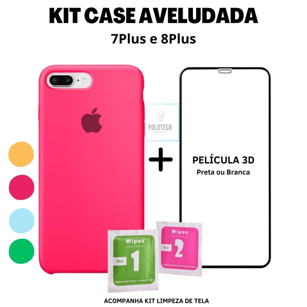 Capa Capinha Premium IPhone 7/8 PLUS Silicone + Película 3D Com Logo + Kit Limpeza