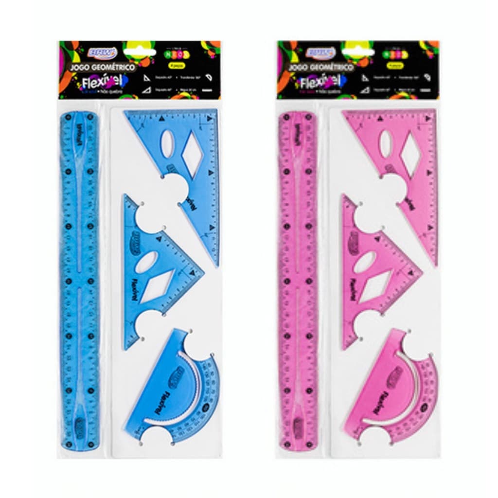 Kit Jogo Geométrico Flexível BRW Rosa ou Azul - Régua, Transferidor, Esquadro