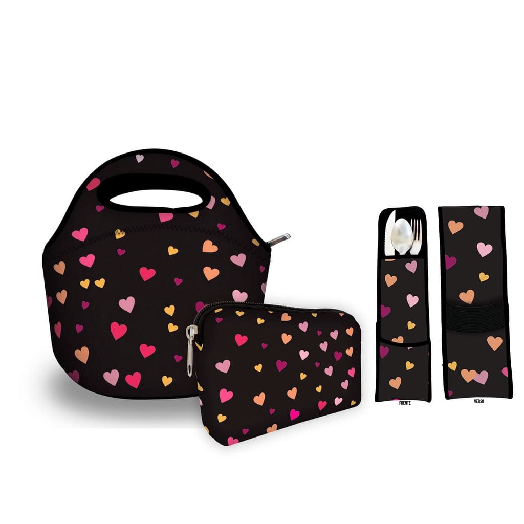 Kit Basic em Isoflex com 1 Bolsa + 1 Necessaire + 1 Porta Talher - ISOPRENE - Preto Corações