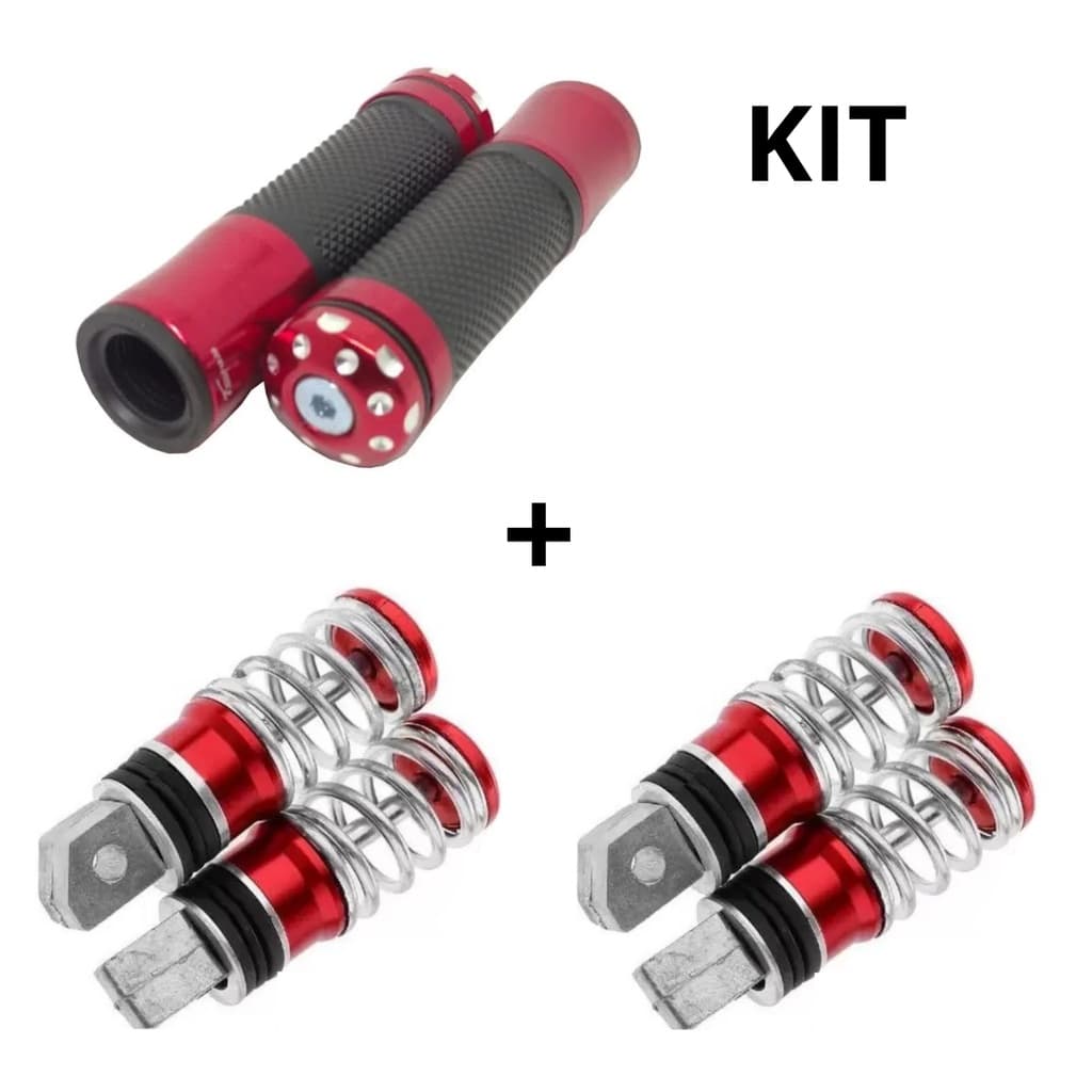 Manopla Moto Esportiva Punho Alumínio Anti Derrapante + 2 Pares Pedaleira Esportiva Mola Universal Honda, Yamaha,