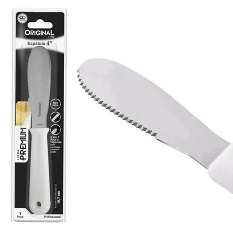 Espátula de inox para pate / manteiga com serrilha cabo plastico branco - espatula com serra para mantega de cozinha