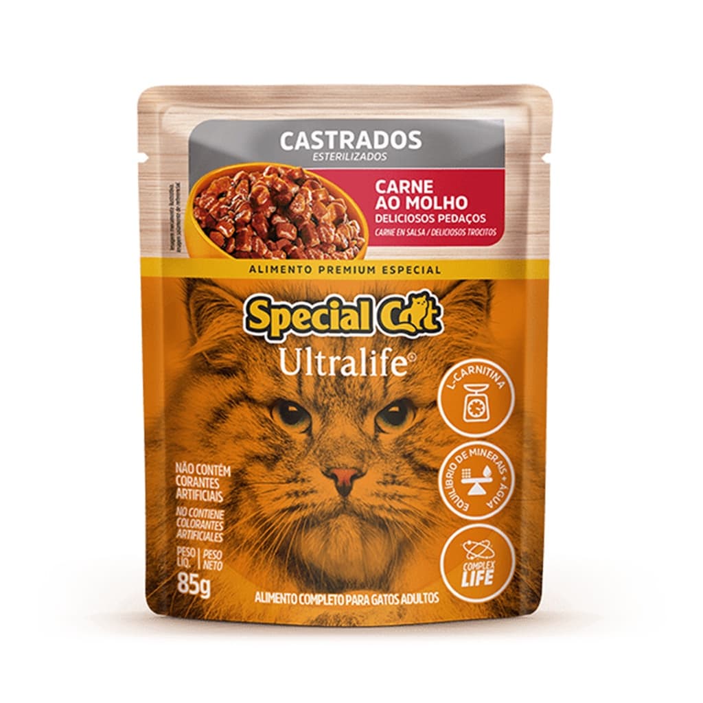 Sache Alimento Úmido Gatos Premium Super Saudável Sachê Special Cat Original 85g Adulto Castrado Carne