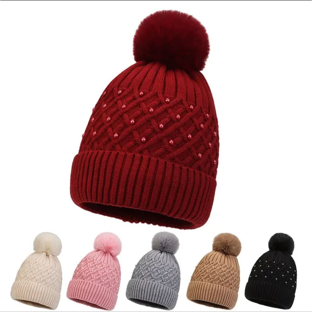 Touca Gorro De Lã Antialérgica FEMININA  Adulto Forrada De Pelinho com Pompom Pérola