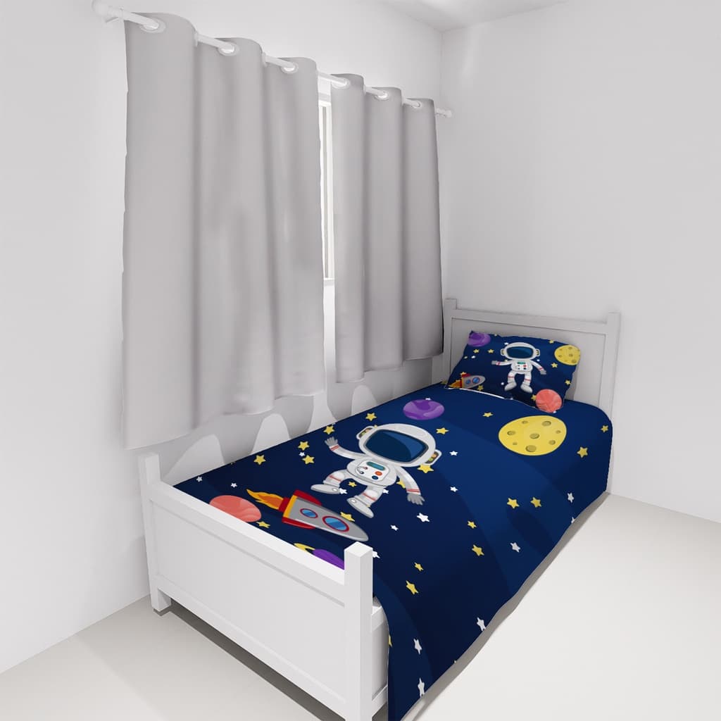 Jogo De Lençol Cobre Leito + Fronha Quarto Infantil Espaço Astronauta Menino