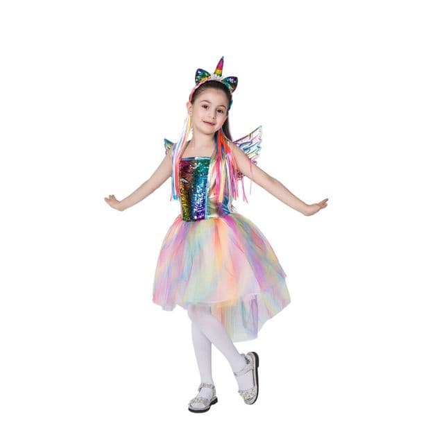 Vestido Fantasia Carnaval Halloween Unicórnio + Tiara e Asa