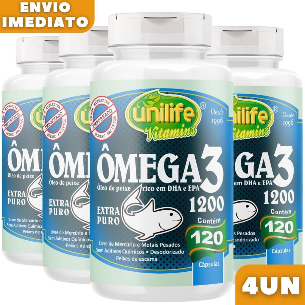 Kit 4 Ômega 3 Óleo de Peixe 100% Puro 120 Cápsulas 1200mg - Unilife