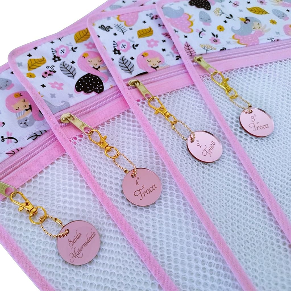 Kit Saquinho Maternidade Organizador Bolsa Maternidade 4 ou 5 Unidades + Tags Rose Gravadas a Laser