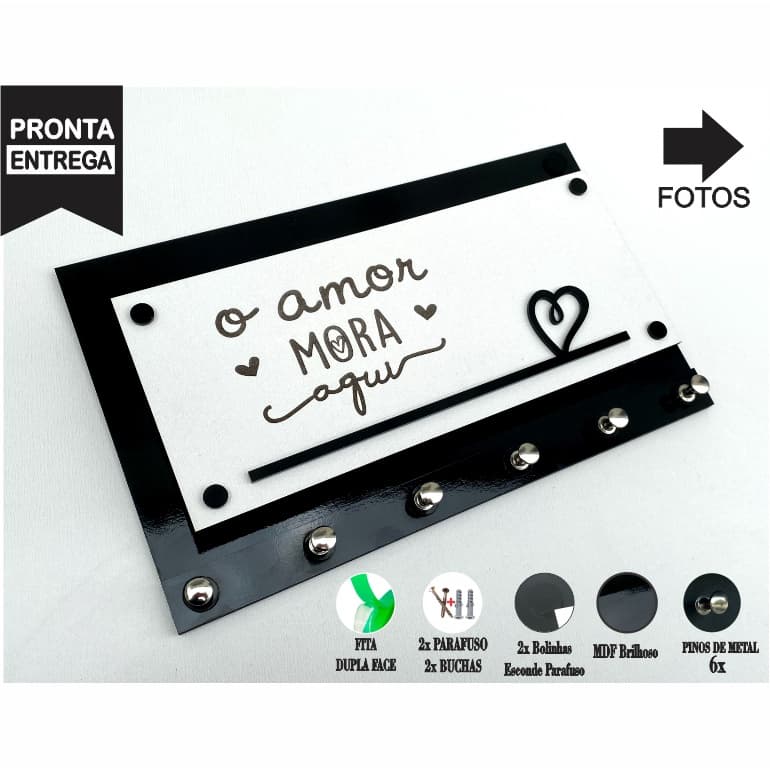 Porta Chaves e Carteira envelopes médios - O Amor Mora Aqui - Varios modelos MDF PRETO