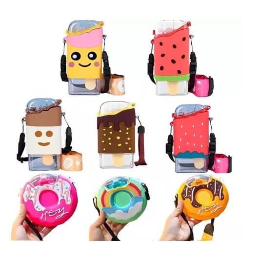 Garrafa De Água Portátil Sorvete Picolé Squeeze 300ml Com Tampa e Alça Sortida Crianças Adolescente Adulto