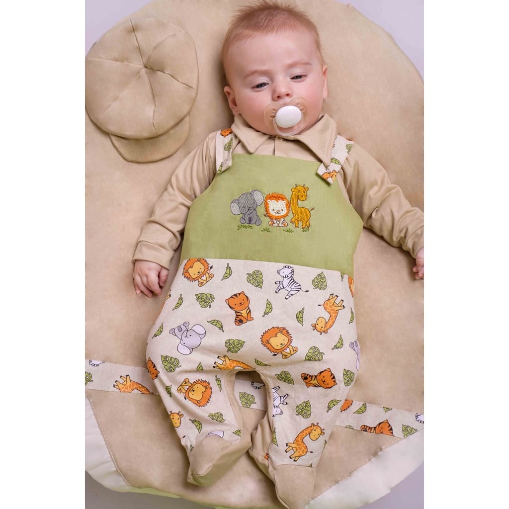 Saída Maternidade Menino Jardineira Animais 04 peças Roupas de Bebê