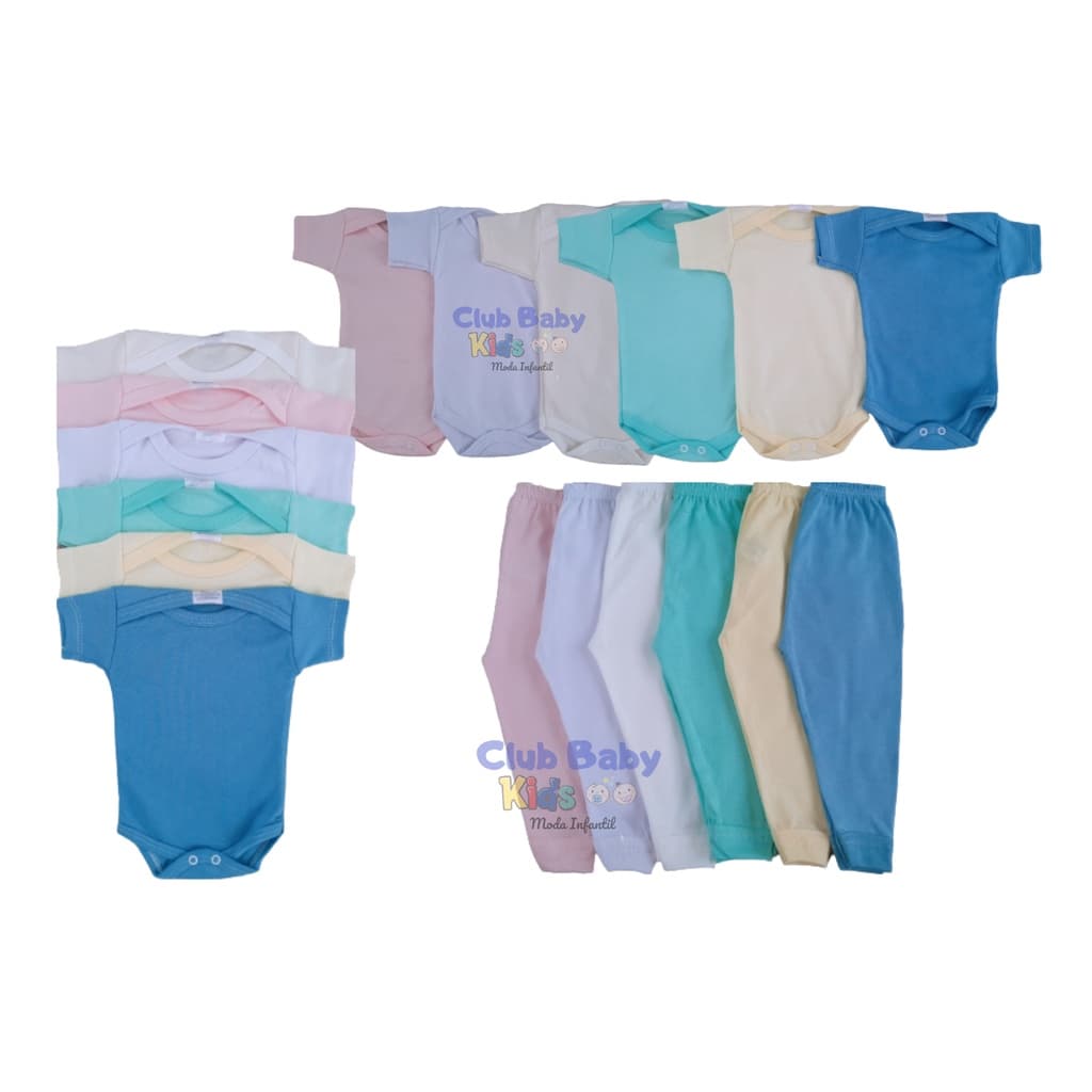 Kit Enxoval 6 Pçs Body Bebê Manga Curta e Calça Combinando 100% Algodão