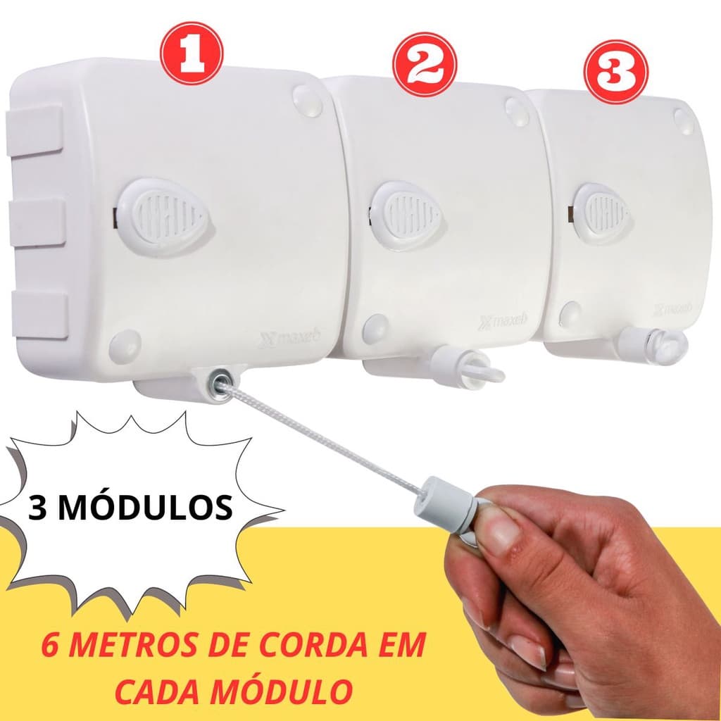 Varal Automático Reforçado 18kg De Roupa Retrátil 6m Corda Modular Stendmax