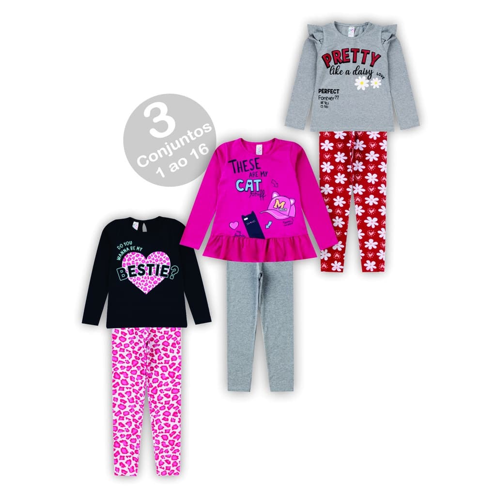Kit 3 Conjunto Infantil Juvenil Menina de frio em Cotom Roupa Criança 1 ao 16