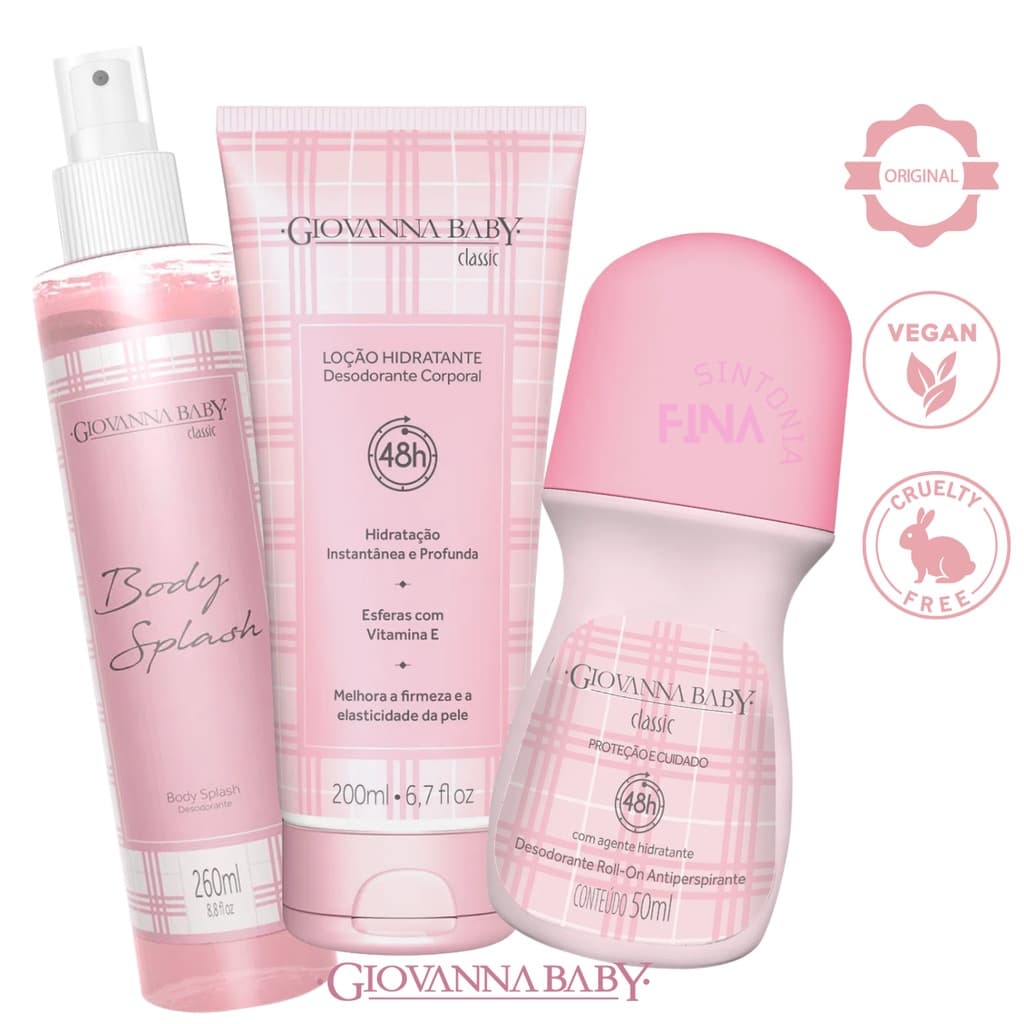 Kit Loção Hidratante Giovanna Baby Classic 200ml +  Roll-On  Classic 50ml + Body Splash Classic 260ml