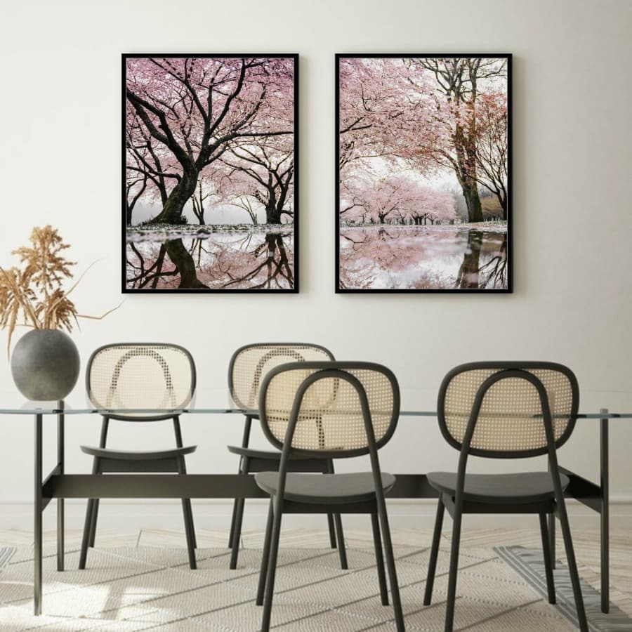 Dupla de Quadros Cerejeira Reflexo Moldura Caixa TokQuadros