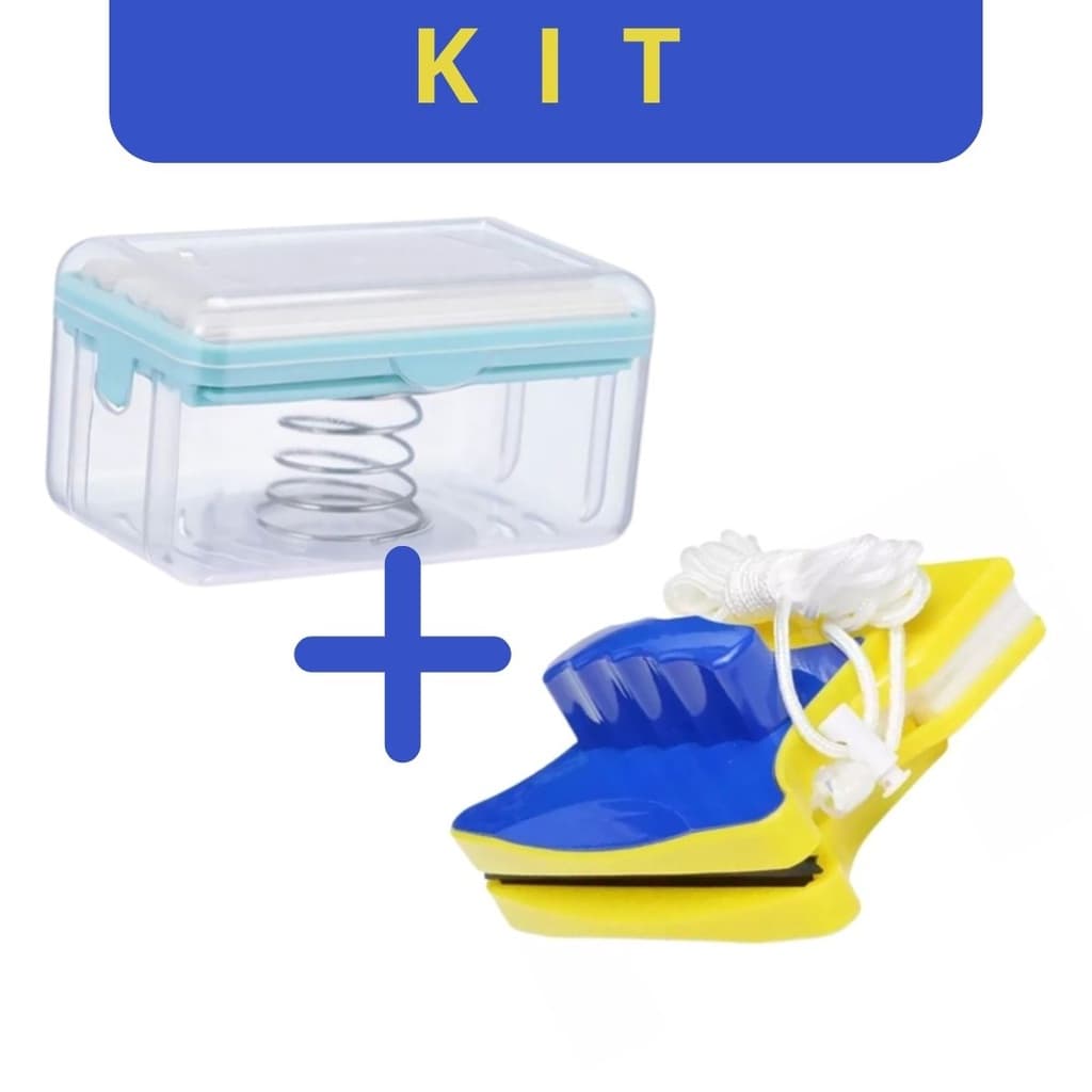 Kit Limpa Vidros Magnético Dupla Face e Porta Sabão para Esfregar Roupas